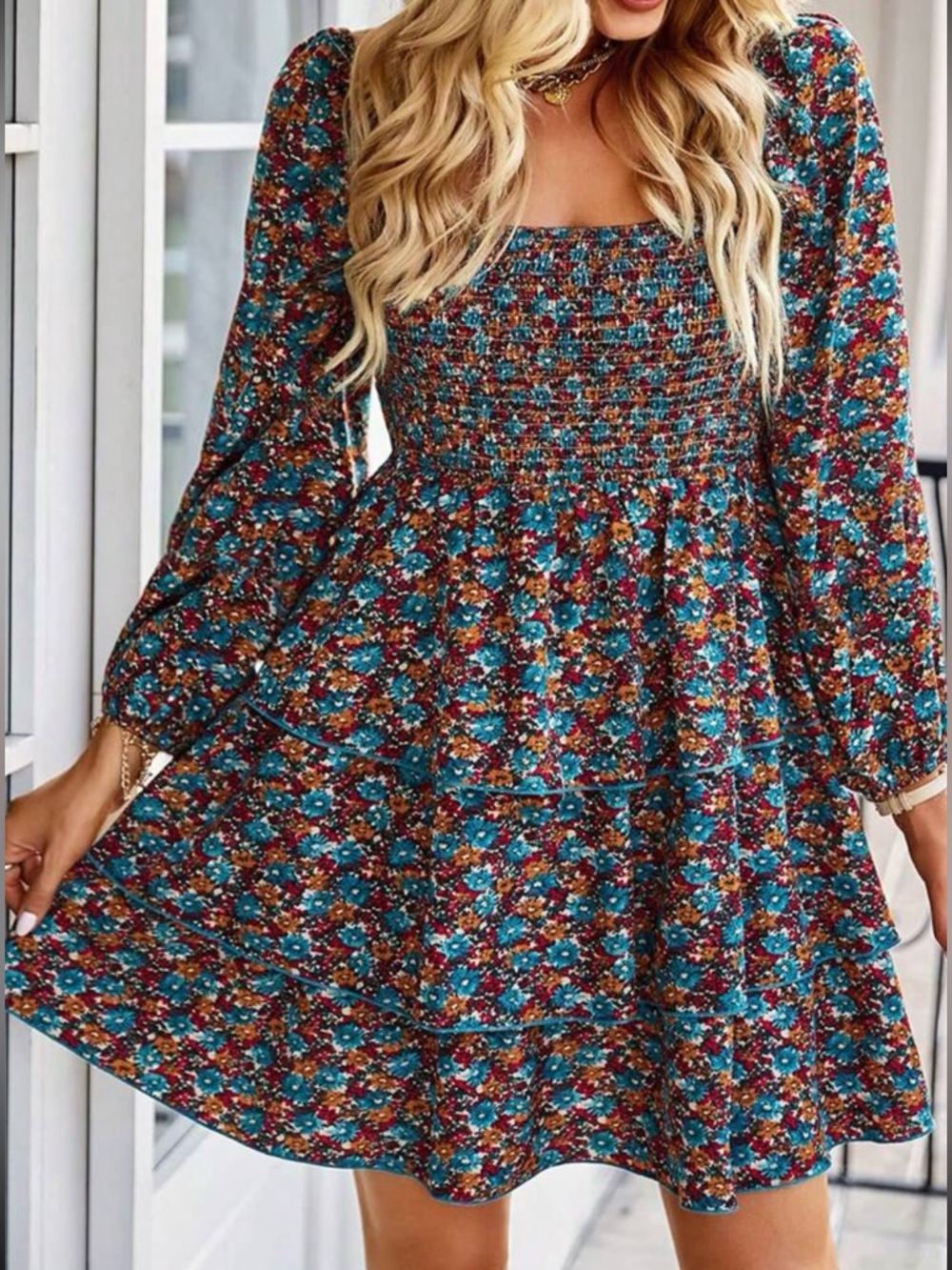 Boho floral print square next dress